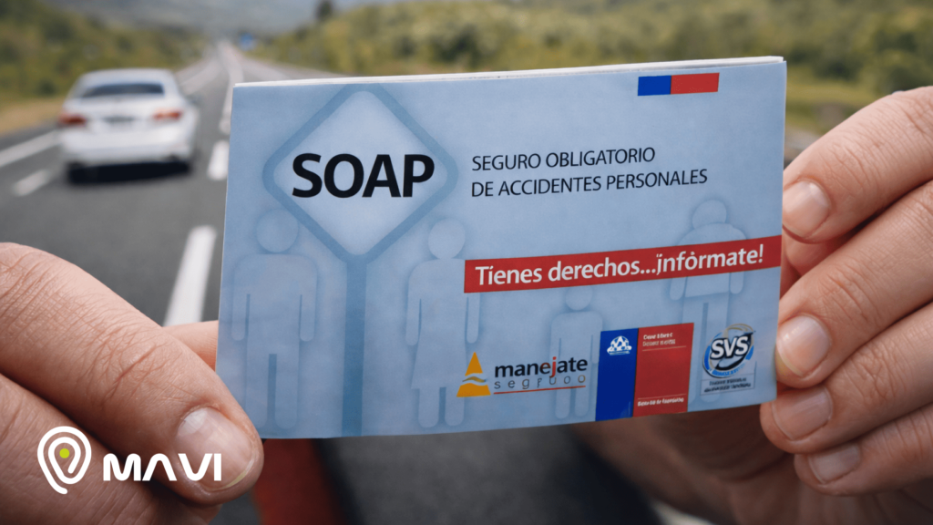 SOAP auto en Chile: tarjeta del seguro obligatorio de accidentes personales sostenida frente a un auto en carretera