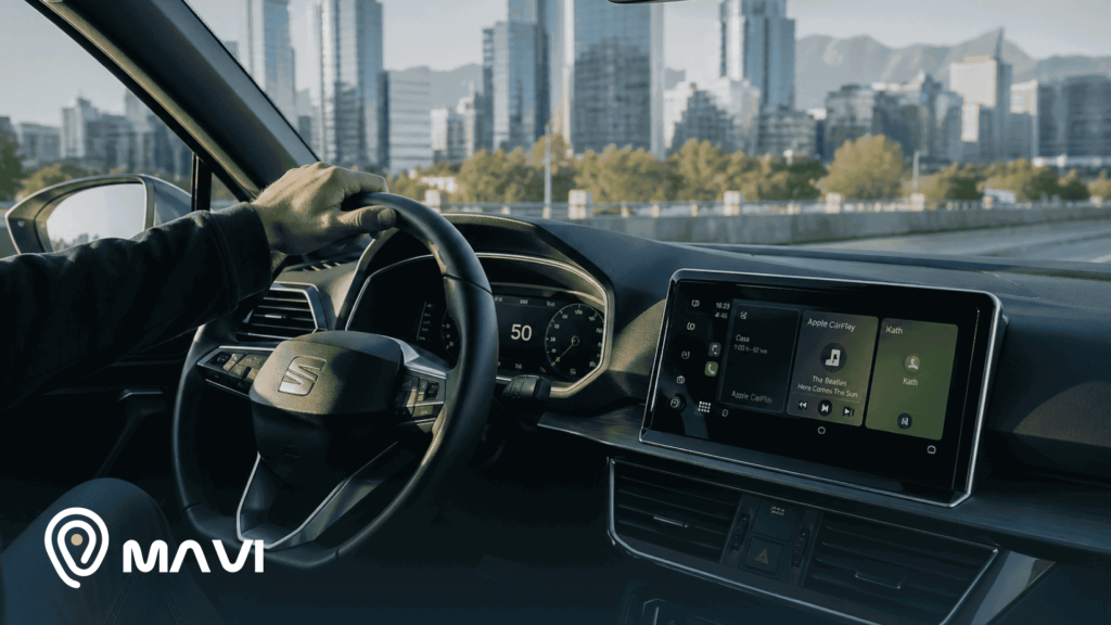 Interior de auto moderno en movimiento con ciudad de fondo – costo mantención auto Chile 2026