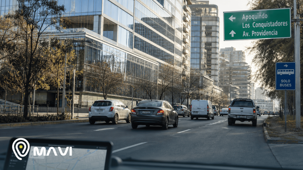Calle urbana de Santiago con autos circulando en horario de mañana, señalética vial visible y tráfico moderado en contexto de restricción vehicular.