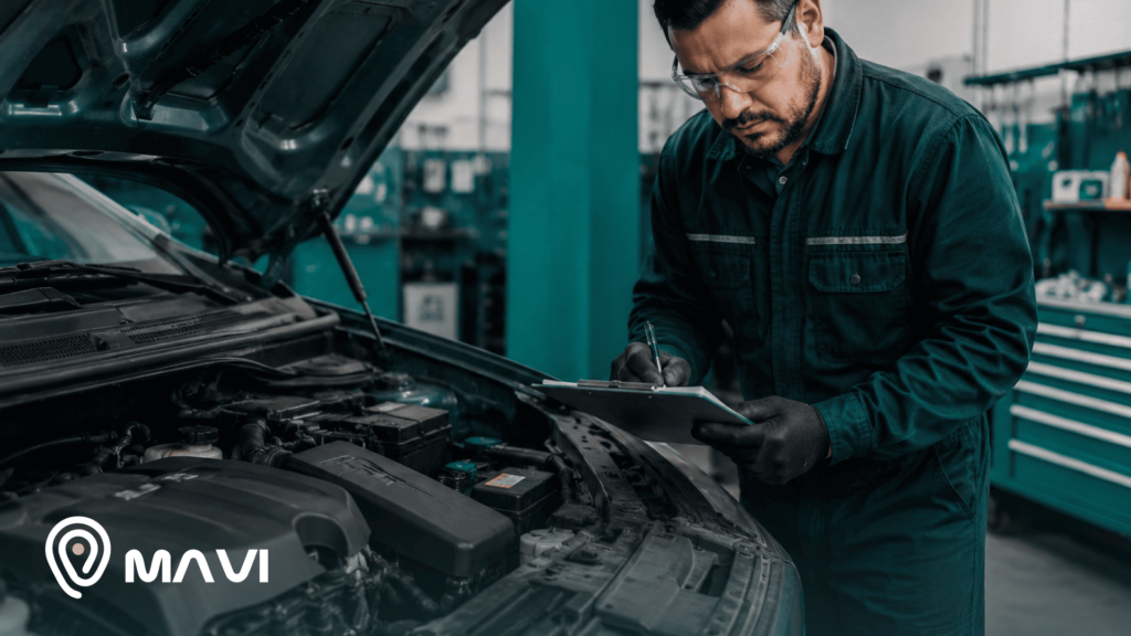 Técnico automotriz revisando el motor de un vehículo en un taller mecánico mientras completa una inspección de seguridad. Imagen relacionada con alerta de seguridad SERNAC y prevención en vehículos.