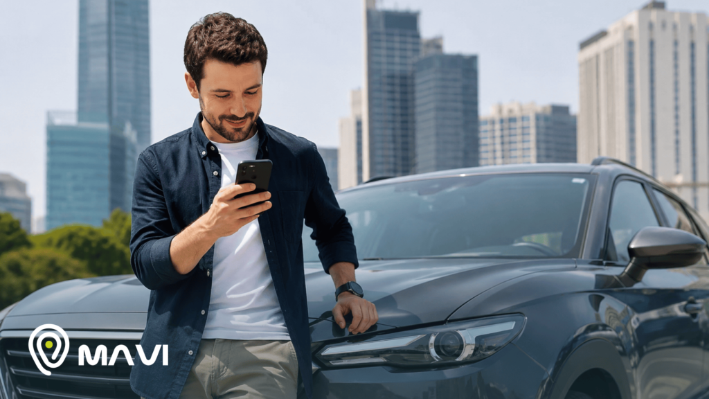 Persona revisando su celular junto a un SUV estacionado en un entorno urbano moderno. La imagen representa tecnología, conectividad y herramientas digitales vinculadas a la compra y venta de autos.