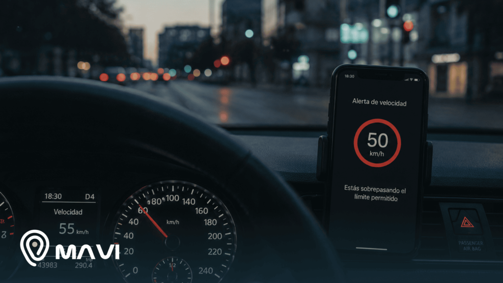 Conductor circulando por la ciudad al atardecer mientras la aplicación Mavi GPS muestra una alerta por exceso de velocidad en el celular. El tablero del vehículo indica 55 km/h y la pantalla advierte que se está superando el límite configurado.
