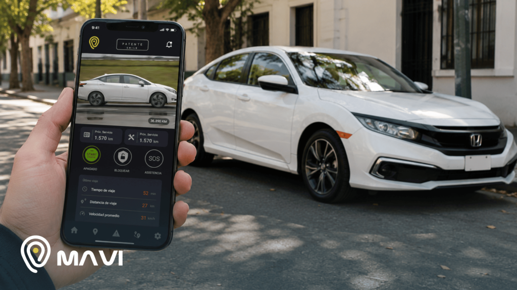 Persona sosteniendo un celular con una aplicación de monitoreo vehicular frente a un automóvil blanco estacionado. La imagen representa el uso de tecnología para reforzar la seguridad del vehículo en el contexto de la ley antiportonazos.