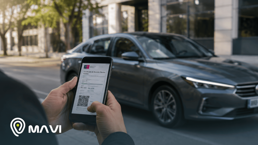Persona revisando desde su celular la documentación digital de un automóvil estacionado en la vía pública. La imagen representa la consulta del padrón del vehículo y la gestión digital de información vehicular.