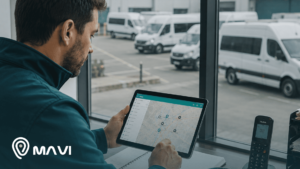 Persona monitoreando una flota de vehículos desde una tablet con un mapa en tiempo real, mientras varias vans se encuentran estacionadas al exterior. La imagen representa un programa de control de flotas para la gestión eficiente de vehículos.