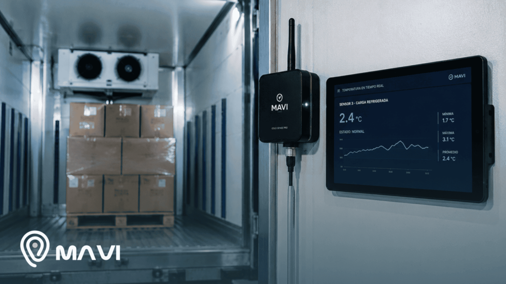Interior de un camión refrigerado con un sensor de temperatura y una pantalla que muestra el monitoreo en tiempo real de la carga. La imagen representa el control de temperatura durante el transporte.