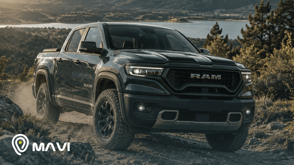 Camioneta RAM circulando por un camino de montaña con un lago y un paisaje natural de fondo. La imagen representa la potencia, versatilidad y seguridad de una RAM en terrenos exigentes.