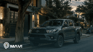 Toyota Hilux estacionada frente a una vivienda al atardecer en un barrio residencial. La imagen transmite seguridad, robustez y protección para una de las camionetas más utilizadas en Chile.